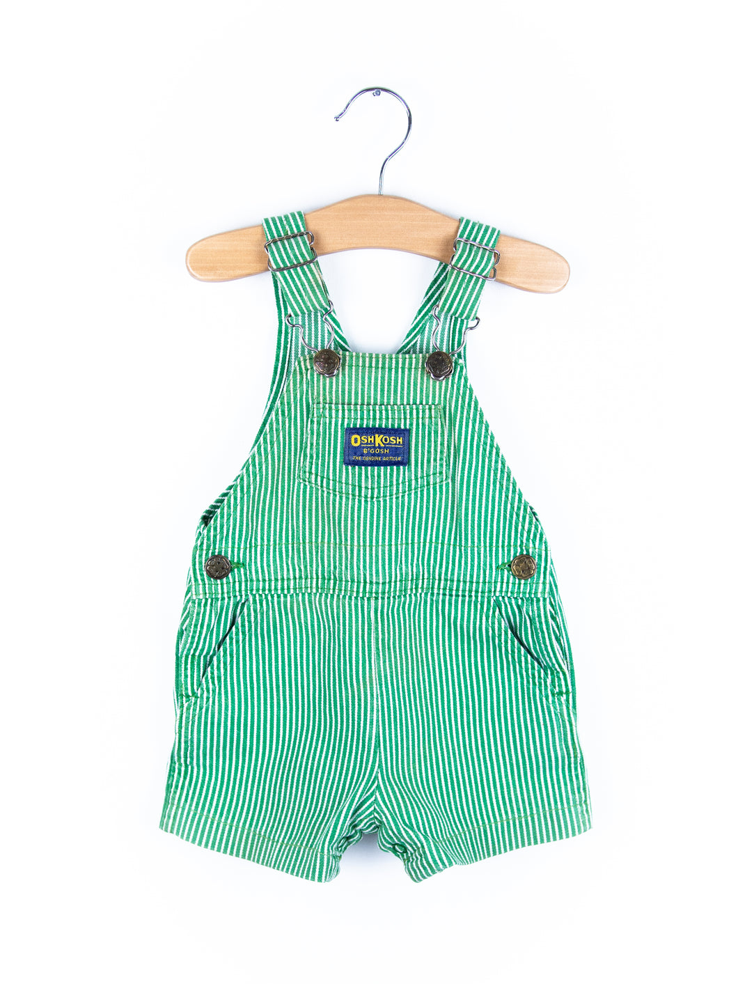 Osh Kosh Vintage Green Hickory Stripe Dungaree Shorties - Age 6-9 months