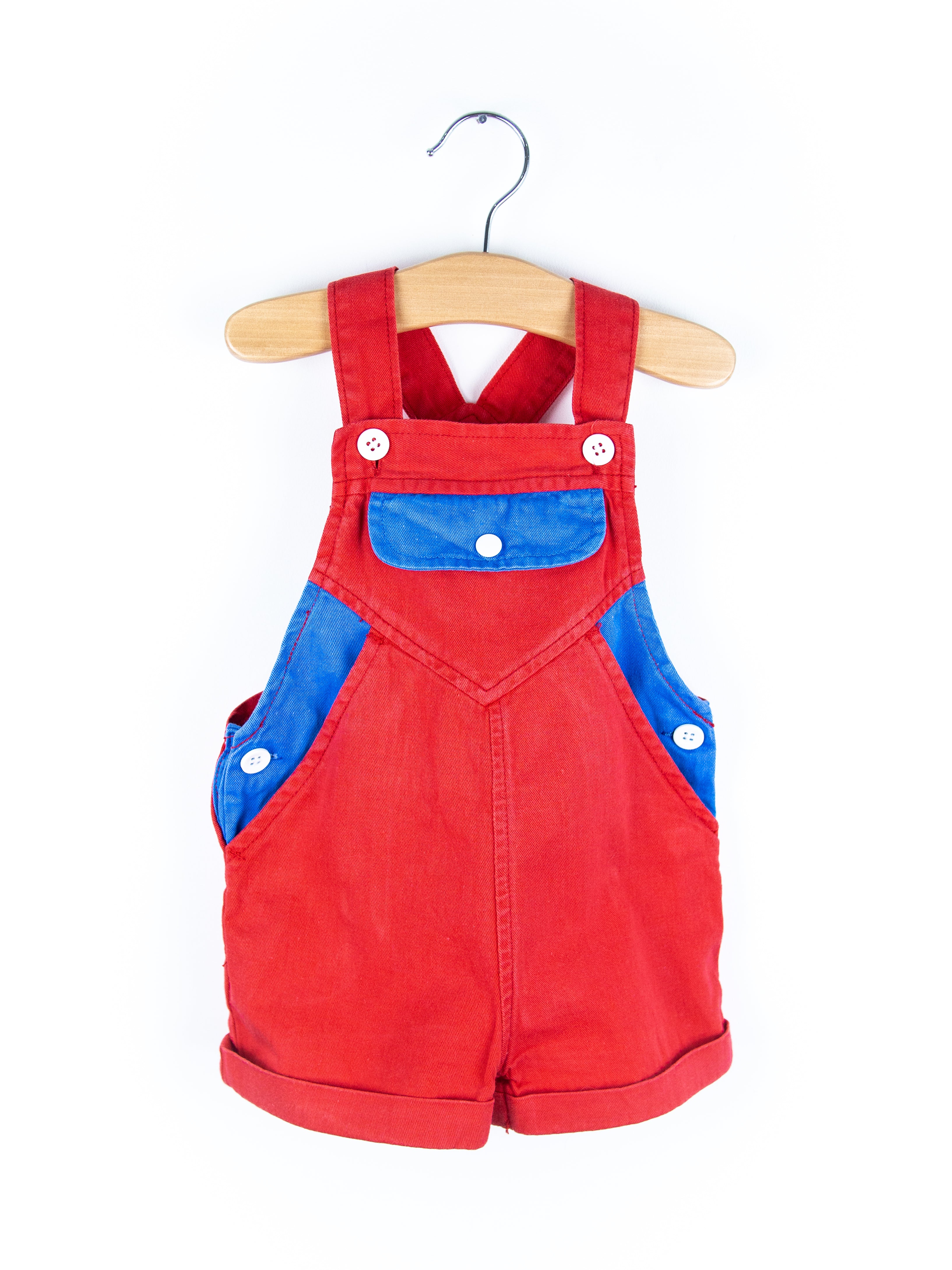 Vintage Red & Blue Colour Block Dungaree Shorties - Age 9 months