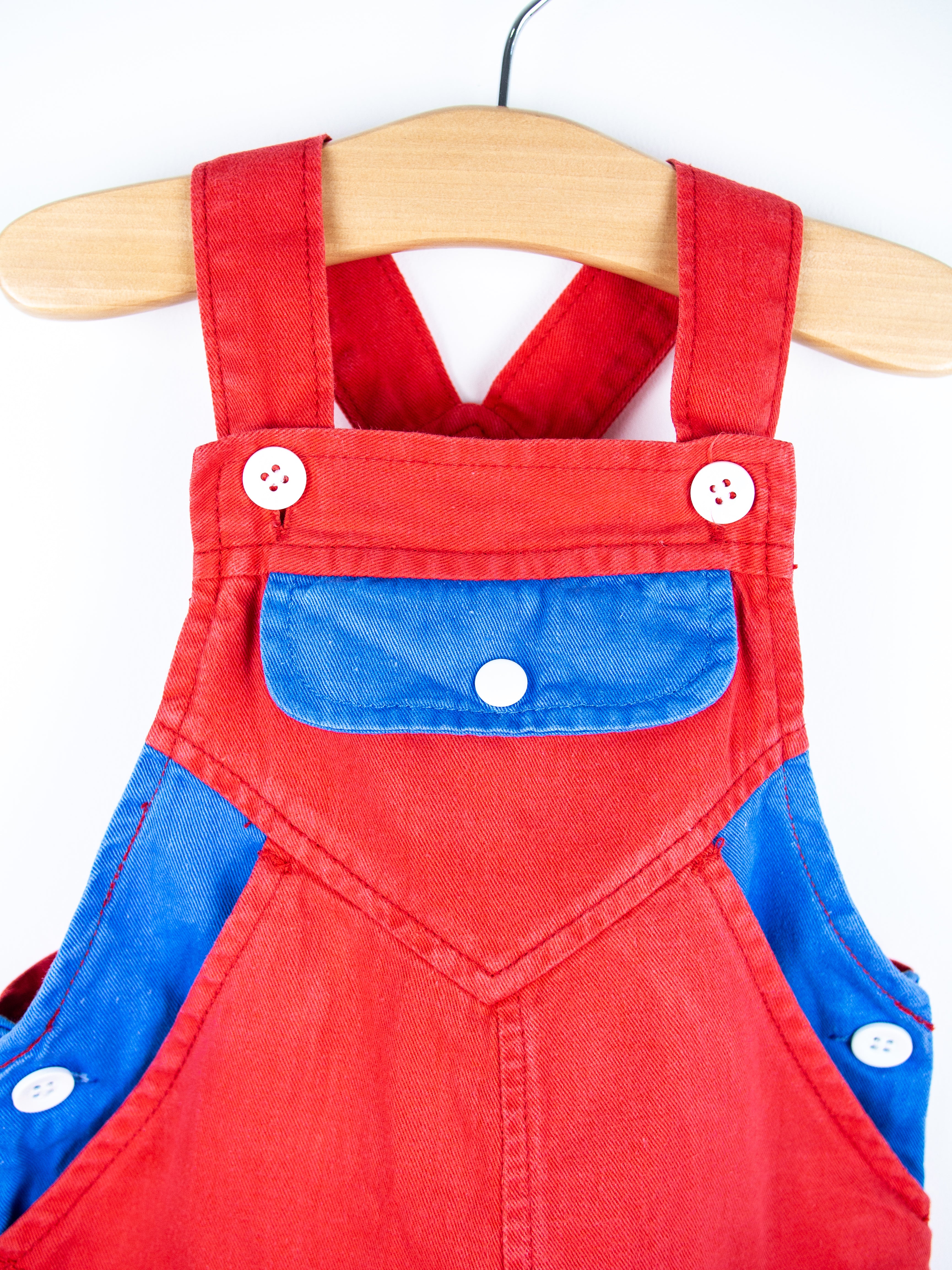 Vintage Red & Blue Colour Block Dungaree Shorties - Age 9 months
