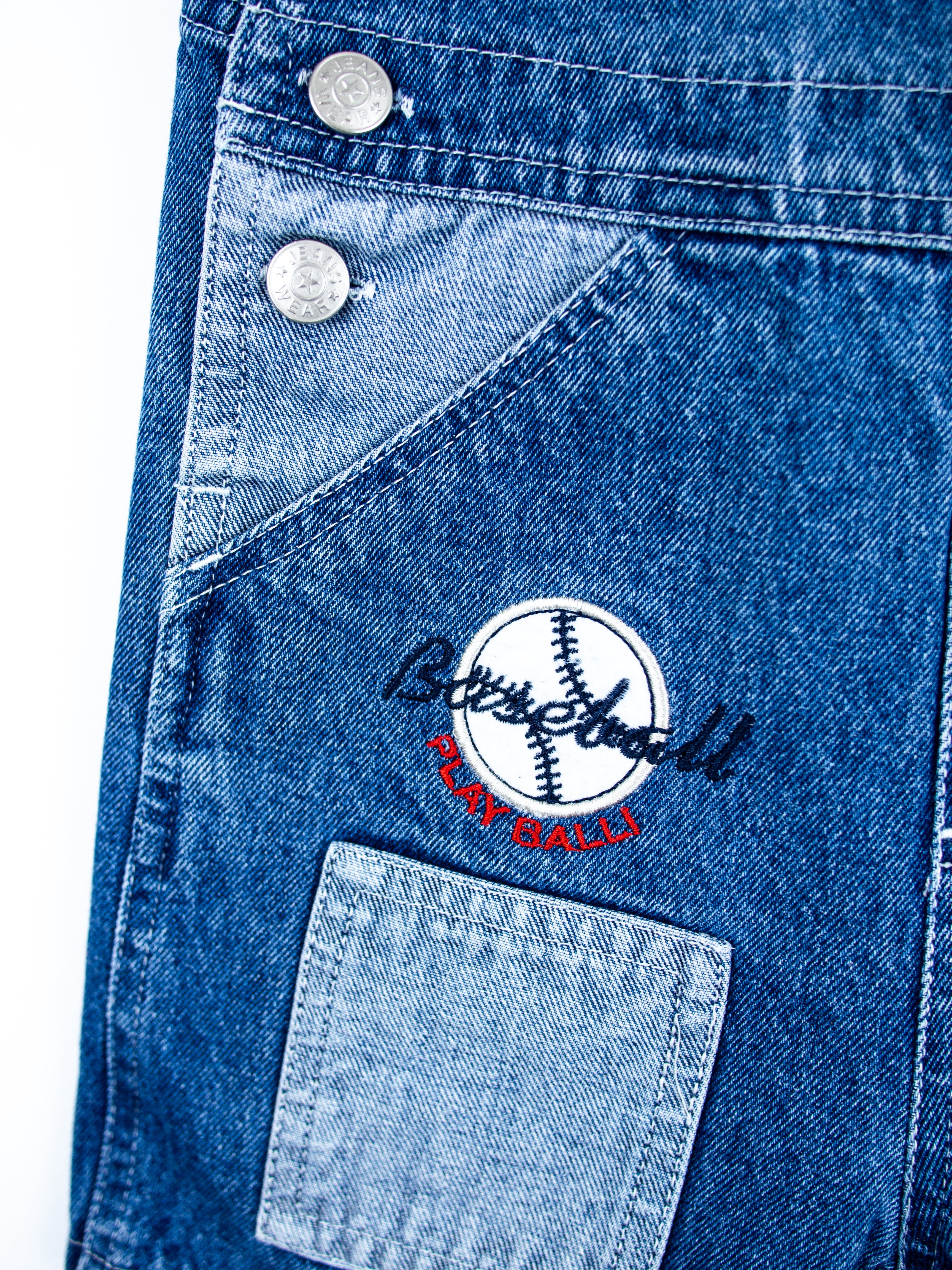 Vintage Baseball Denim Dungaree Shorties - Age 24 months