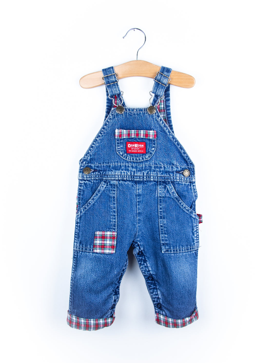 Osh Kosh Denim & Red Check Dungarees - Age 9 months