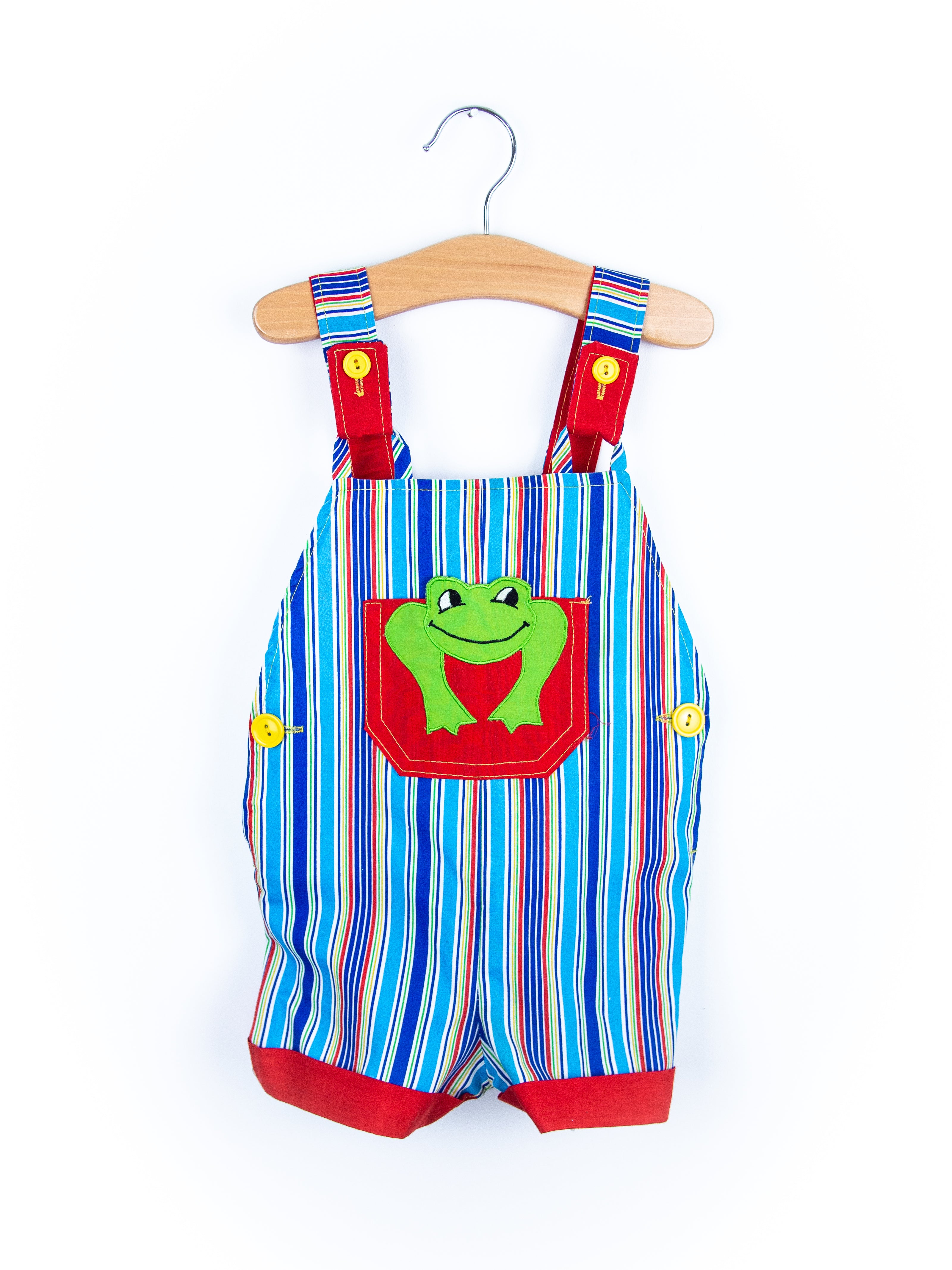 Vintage Frog Stripe Dungaree Shorties & Cap Set - Age 12-18 months